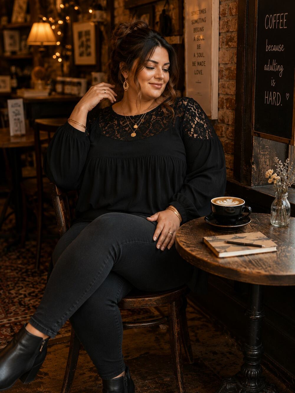 Torrid Black Lace Yoke Babydoll Blouse Size 0 Plus Size Sheer Sleeve Boho Top